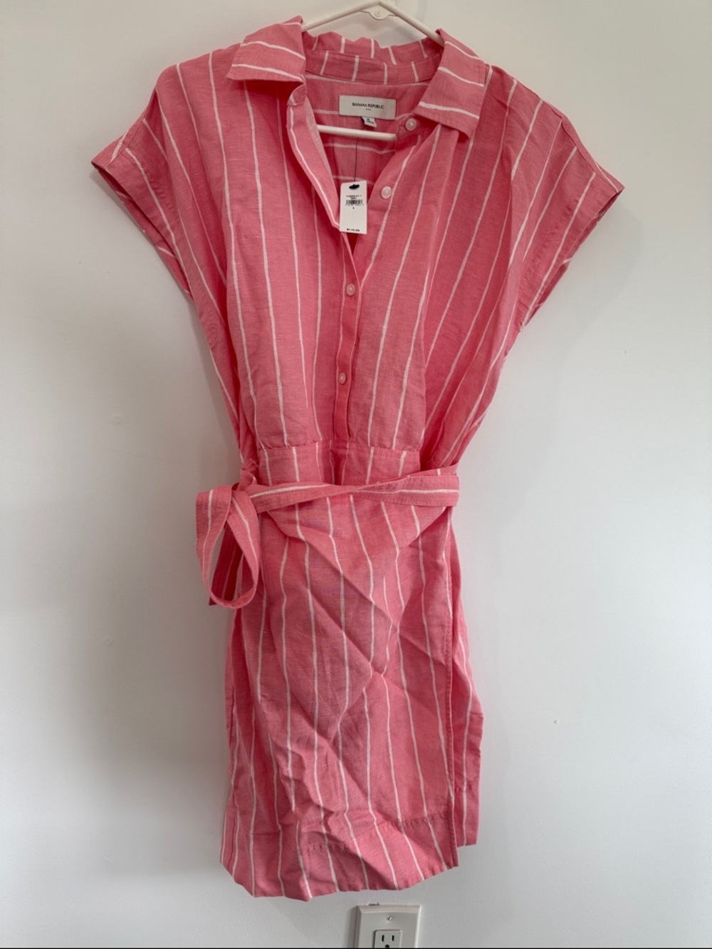 Banana Republic Coral Pink and White Striped Shirt-Dress with Tie Waist